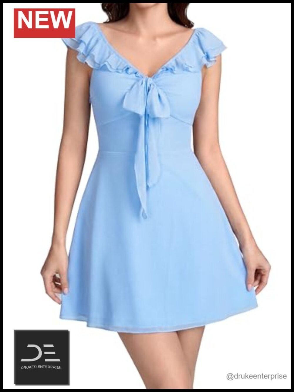 Women's Mesh Ruffle Sleeve V Neck Mini Dress Tie Front A Line Summer